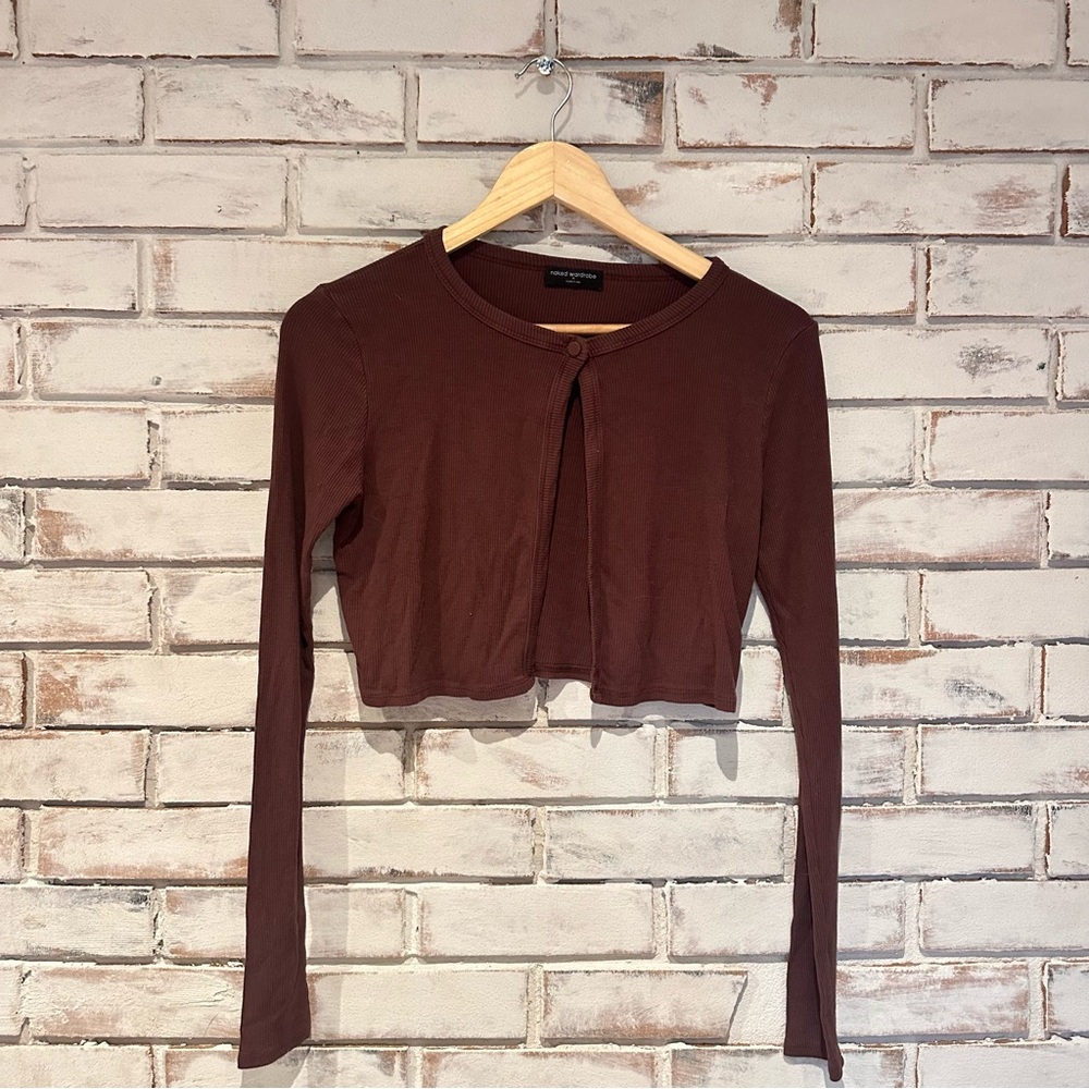 Naked Wardobe Push my ButtonBrown Cropped Cardigan